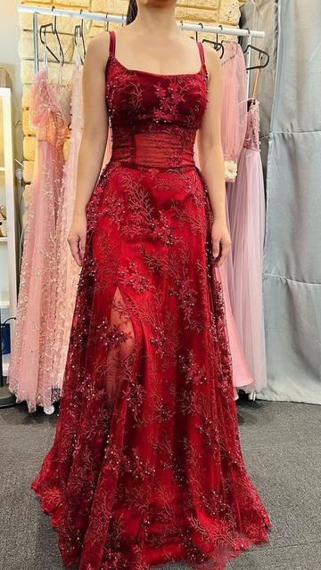 Beautiful Satin Spaghetti Straps Lace Appliques Prom Dress Evening Dress HZ1023